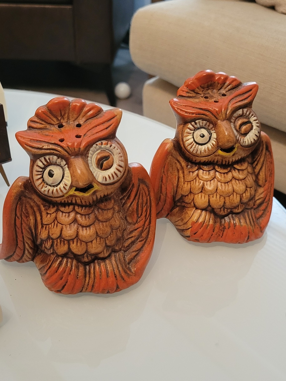 Vintage Owl Salt & Pepper Shakers - Orange Brown Ceramic